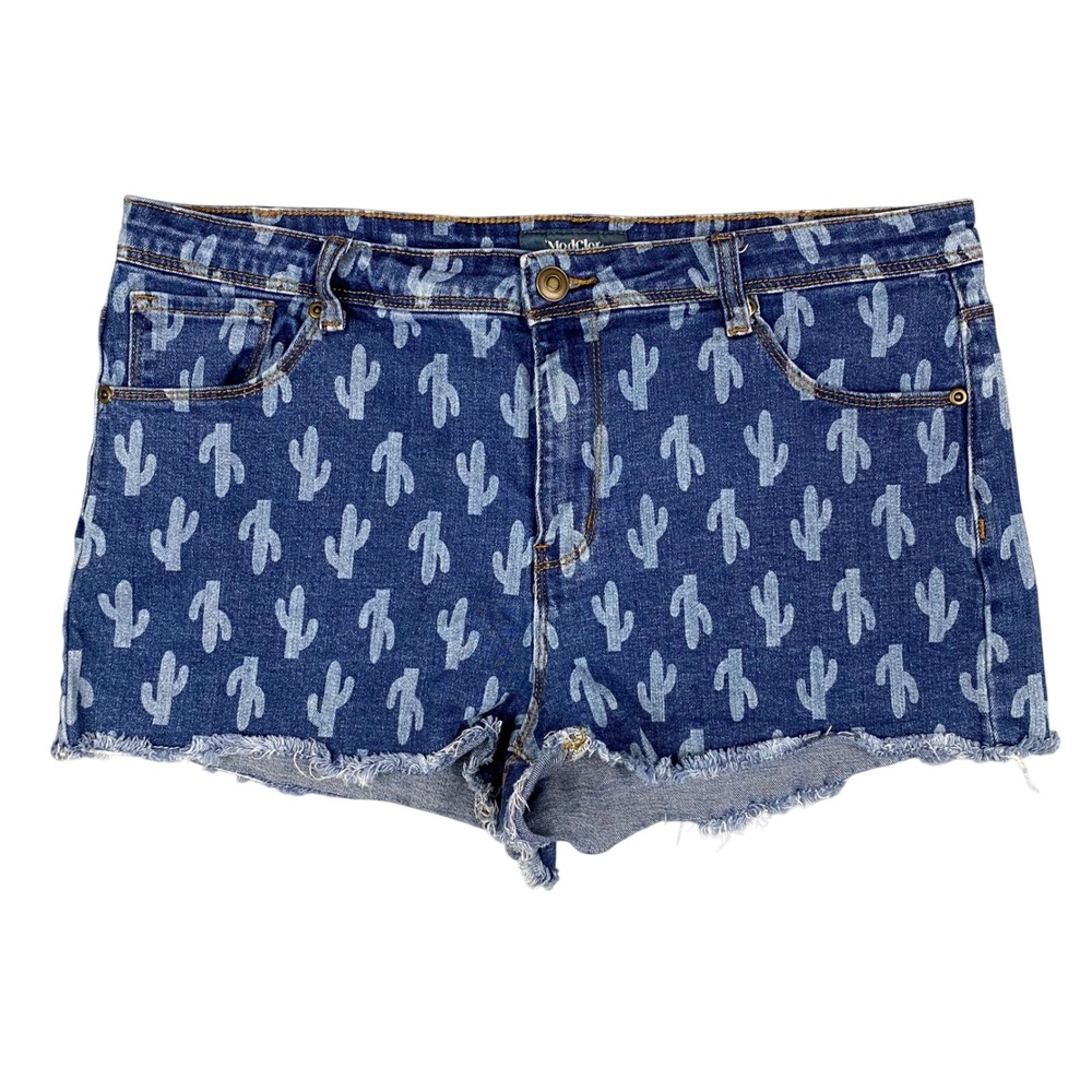 ModCloth Cactus Print Denim Mini Shorts Blue Raw Hem Cut Offs Women Size 14‎